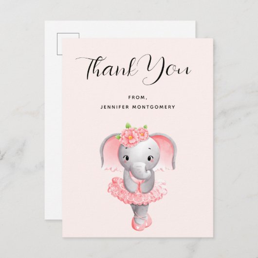 Carte Postale Jolie danseuse éléphant rose et gris Merci (Devant / Derrière)
