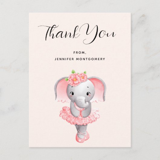 Carte Postale Jolie danseuse éléphant rose et gris Merci (Devant)