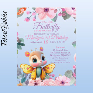 Carte Postale Jolie enfant Fleur papillon bébé fille 1er Anniver