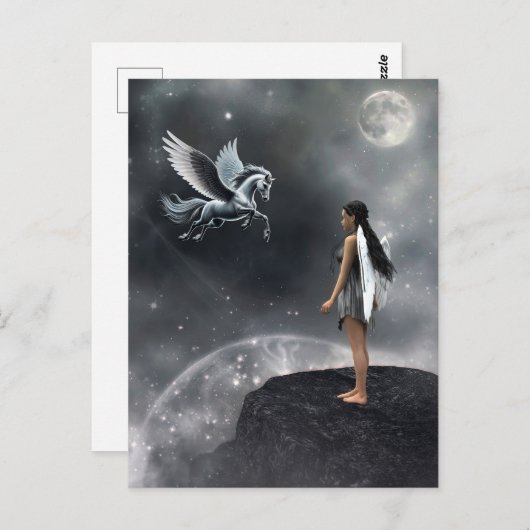 Carte Postale Jolie fée ailée et cheval volant (Devant / Derrière)