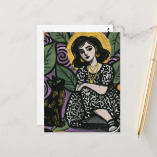 Carte Postale Jolie femme assise avec son chat