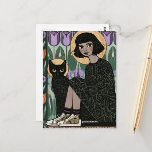 Carte Postale Jolie femme assise avec son chat