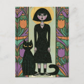 Carte Postale Jolie femme avec son chat noir à longue queue (Devant)
