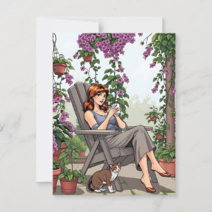 Carte Postale Jolie femme buvant du café, son chien et Plantes