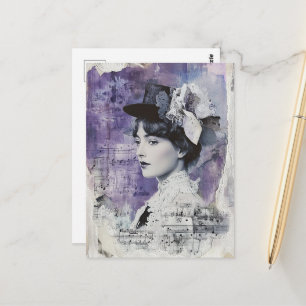 Carte Postale Jolie femme vintage musique feuille de collage vio