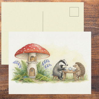 Carte Postale Jolie fête de thé forestière aquarelle vierge