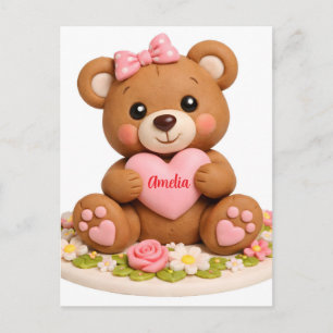 Carte Postale Jolie Figurine d'Ours en Peluche avec Cœur de Nom