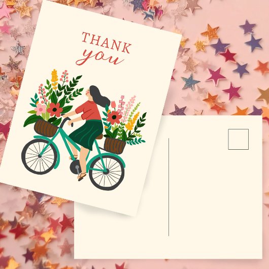 Carte Postale Jolie Fille à Bicyclette avec des Fleurs MERCI