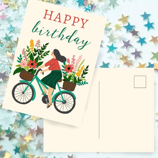 Carte Postale Jolie Fille à Vélo avec Fleurs Joyeux Anniversaire