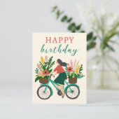Carte Postale Jolie Fille à Vélo avec Fleurs Joyeux Anniversaire (Debout devant)