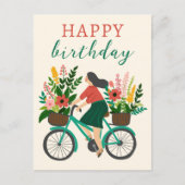 Carte Postale Jolie Fille à Vélo avec Fleurs Joyeux Anniversaire (Devant)