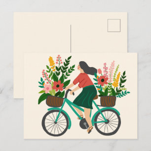Carte Postale Jolie fille à vélo avec fleurs personnalisé 