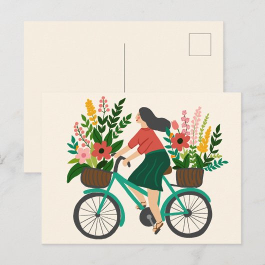 Carte Postale Jolie Fille à Vélo avec Fleurs sur Mesure (Devant / Derrière)