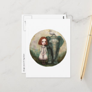 Carte Postale Jolie Fille Avec Éléphant et Oiseau