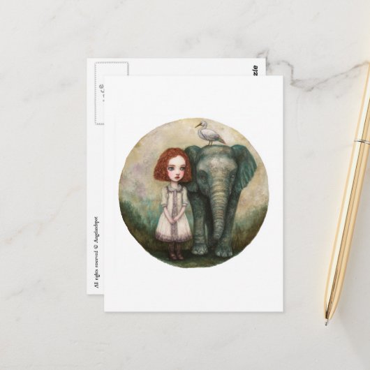 Carte Postale Jolie Fille Avec Éléphant et Oiseau (Devant/Arrière en situation)