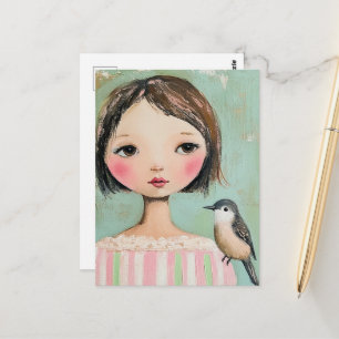 Carte Postale Jolie Fille Avec un Oiseau sur l'Épaule