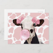 Carte Postale Jolie fille Bubblegum rose soufflant vache (Devant / Derrière)