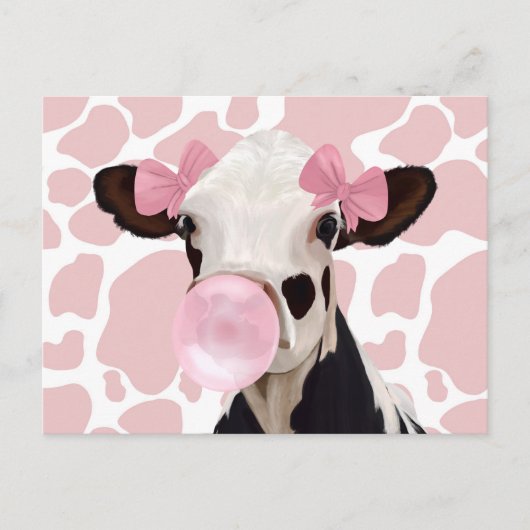 Carte Postale Jolie fille Bubblegum rose soufflant vache (Devant)