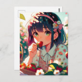 Carte Postale Jolie Fille d'Anime Mangant des Fraises   (Devant / Derrière)