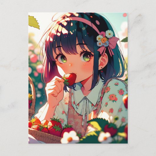 Carte Postale Jolie Fille d'Anime Mangant des Fraises   (Devant)