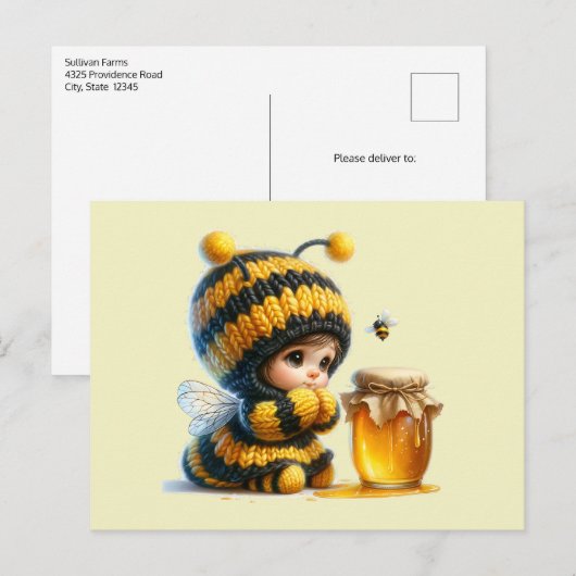 Carte Postale Jolie Fille en Costume d'Abeille avec du Miel (Devant / Derrière)
