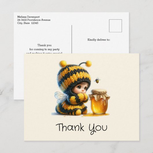 Carte Postale Jolie Fille en Costume d'Abeille avec Merci de Mie (Devant / Derrière)