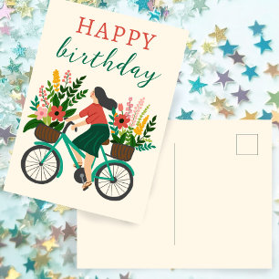 Carte Postale Jolie fille équitation vélo avec fleurs Joyeux ann