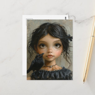 Carte Postale Jolie fille gothique avec un oiseau noir