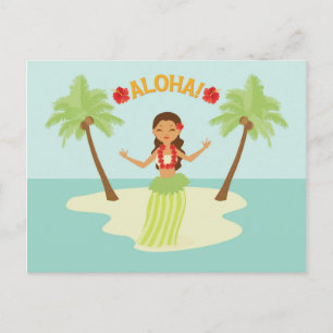 Carte Postale Jolie fille hawaïenne hula de luau aux palmiers de