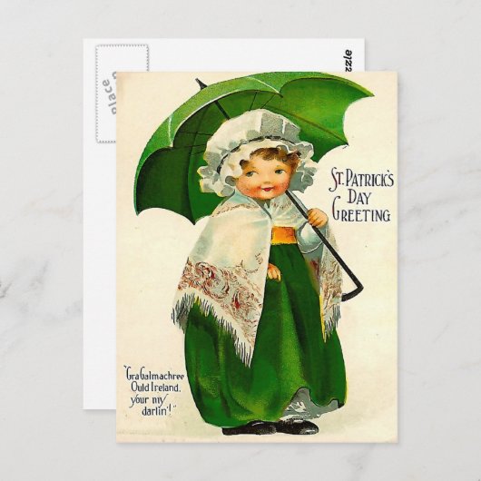 Carte Postale Jolie fille irlandaise avec parapluie vert (Devant / Derrière)