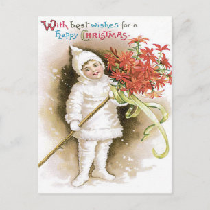 Carte Postale Jolie Fille Neige Poinsettia Ruban Jaune