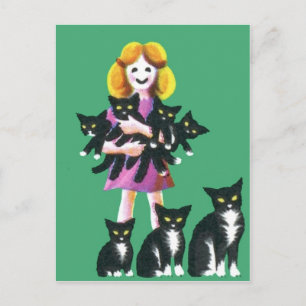 Carte Postale Jolie fille rustique avec chats dessin Pastel