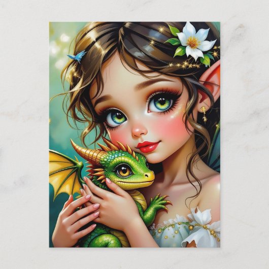 Carte Postale Jolie fille thème fée et dragon (Devant)