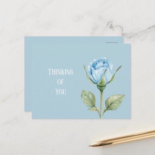 Carte Postale Jolie Fleur de Rose Bleu Clair (Devant/Arrière en situation)