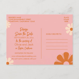 Carte Postale Jolie Fleur Rétro Rose et Orange Save the Date