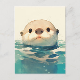 Carte Postale Jolie loutre à l'aquarelle regardant l'eau
