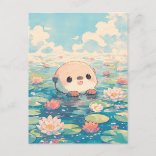 Carte Postale Jolie loutre nageant dans un étang de nénuphars