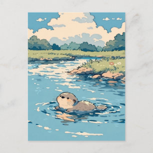Carte Postale Jolie loutre nageant dans une rivière ensoleillée 