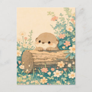 Carte Postale Jolie loutre regardant par-dessus une bûche dans u