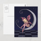 Carte Postale Jolie lune rose fée dans la nuit étoilée (Devant / Derrière)