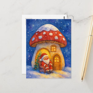 Carte Postale Jolie maison champignon Père Noël aquarelle vacanc
