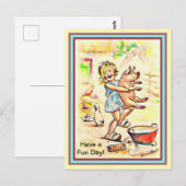 Carte Postale Jolie petite fille et son cochon - Amusant de lave (Devant / Derrière)