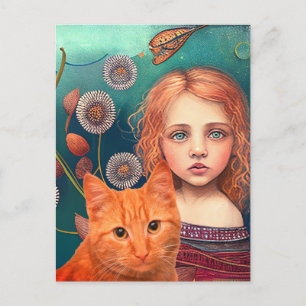 CARTE POSTALE JOLIE PETITE FILLE & GINGER CAT POSTCARD