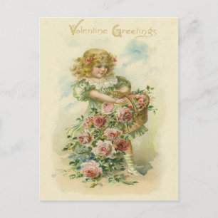 Carte Postale Jolie Petite Fille Roses Roses Pink n'est pas trad