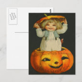 Carte Postale Jolie petite fille souriante citrouille Jack O' La (Devant / Derrière)