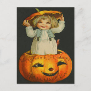 Carte Postale Jolie petite fille souriante citrouille Jack O' La