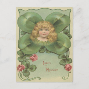 Carte Postale Jolie petite fille trèfle à quatre feuilles fleurs