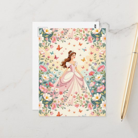 Carte Postale Jolie princesse avec papillons (Devant/Arrière en situation)