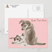 Carte Postale Jolie race mixte chiot avec chien en peluche (Devant / Derrière)