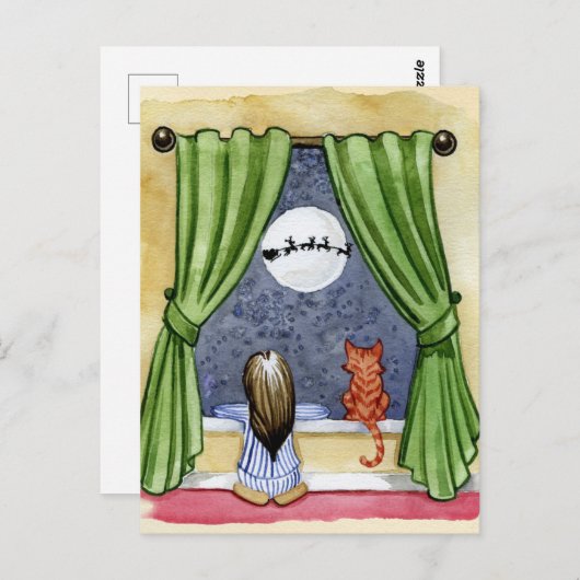 Carte Postale Jolie réveillon de Noël Enfant & Chat Kitty Aquare (Devant / Derrière)